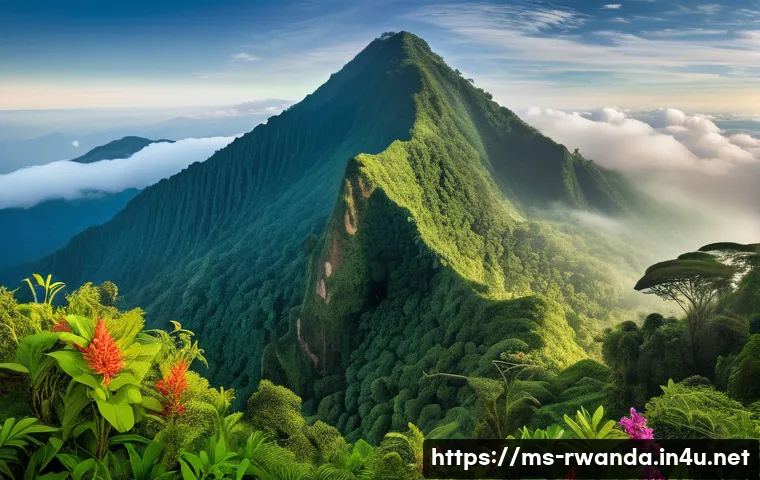 르완다의 주요 산 - A breathtaking panoramic view from the summit of Mount Karisimbi in Rwanda, showing a lush tropical ...