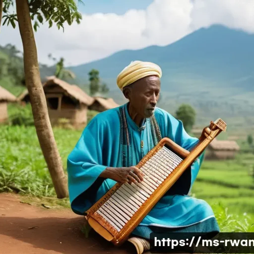 르완다 민속 음악 연주자 - A traditional Rwandan musician playing the inanga, a small wooden harp with natural strings, seated ...