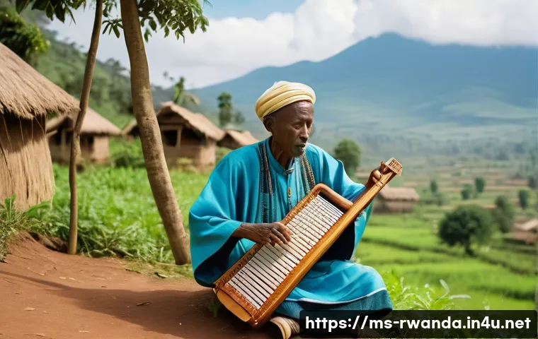르완다 민속 음악 연주자 - A traditional Rwandan musician playing the inanga, a small wooden harp with natural strings, seated ...