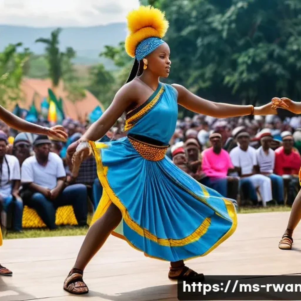 르완다 민속 춤의 현대적 재해석 - A vibrant scene of a contemporary Rwandan dance performance blending traditional and modern styles, ...