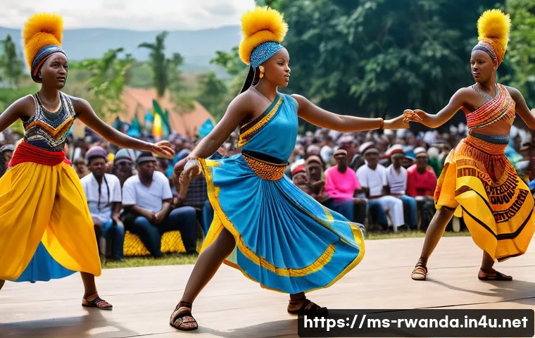 르완다 민속 춤의 현대적 재해석 - A vibrant scene of a contemporary Rwandan dance performance blending traditional and modern styles, ...