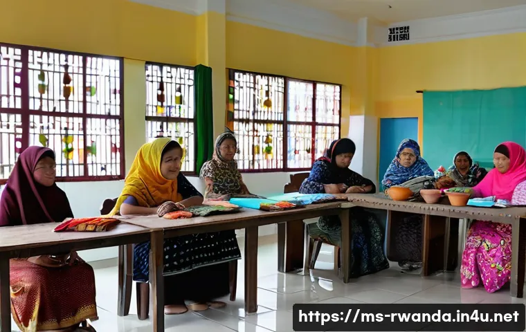 르완다 커뮤니티 센터 - A warm and vibrant community center scene in Malaysia showing diverse local residents of various age...