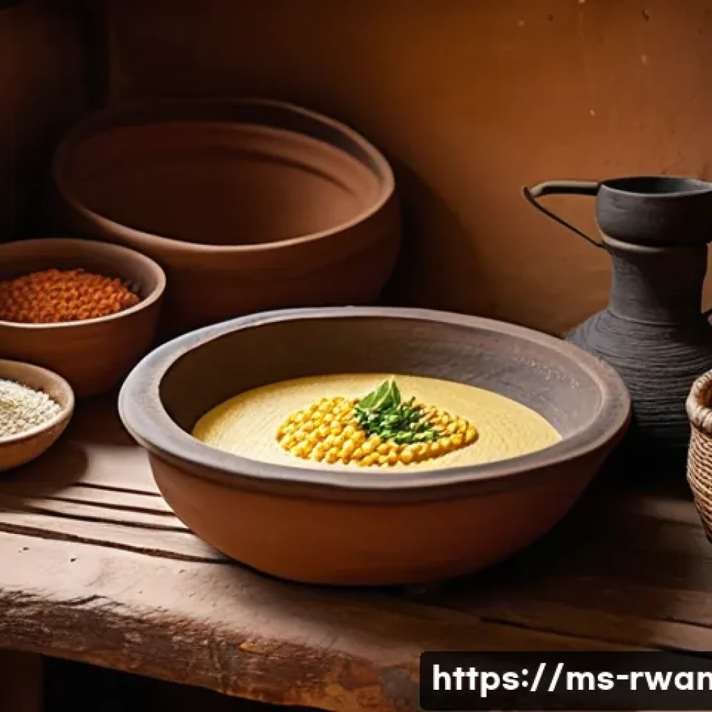 르완다 전통 음식의 종류 - A traditional Rwandan kitchen scene showing a rustic open fire stove made of clay and stones, with a...
