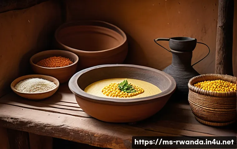 르완다 전통 음식의 종류 - A traditional Rwandan kitchen scene showing a rustic open fire stove made of clay and stones, with a...