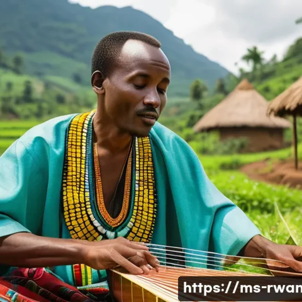 르완다의 민속 음악 체험 프로그램 - A detailed scene of a traditional Rwandan musician playing the inanga, a wooden harp-like instrument...