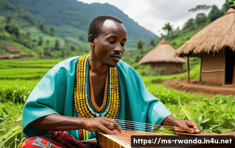 르완다의 민속 음악 체험 프로그램 - A detailed scene of a traditional Rwandan musician playing the inanga, a wooden harp-like instrument...