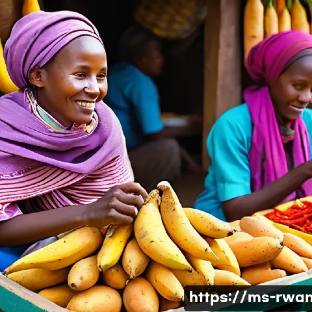 르완다에서의 지역 시장 탐방 - A vibrant Rwandan local market scene bustling with friendly vendors and shoppers, colorful fresh pro...