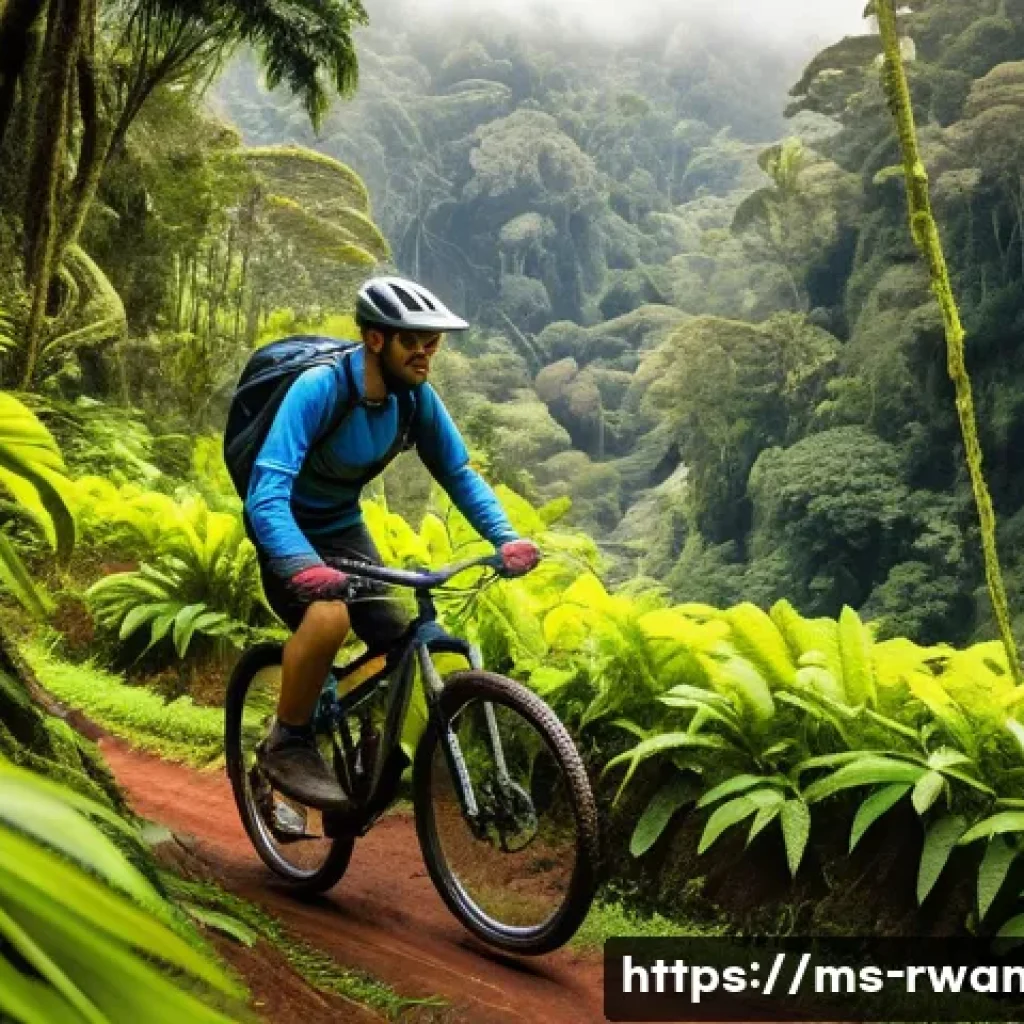 르완다에서 자전거 투어 - A vibrant mountain biking scene in Rwanda’s lush Nyungwe rainforest, showing a cyclist wearing light...
