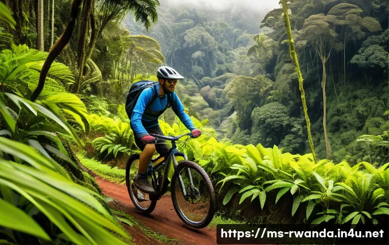 르완다에서 자전거 투어 - A vibrant mountain biking scene in Rwanda’s lush Nyungwe rainforest, showing a cyclist wearing light...