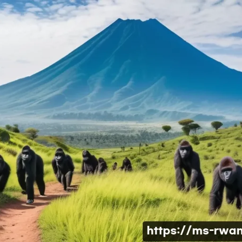 르완다의 주요 관광 시즌 - A vibrant dry season landscape in Rwanda showcasing the volcanic Virunga Mountains under a clear blu...