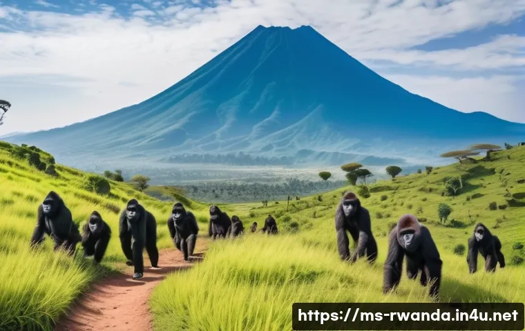르완다의 주요 관광 시즌 - A vibrant dry season landscape in Rwanda showcasing the volcanic Virunga Mountains under a clear blu...