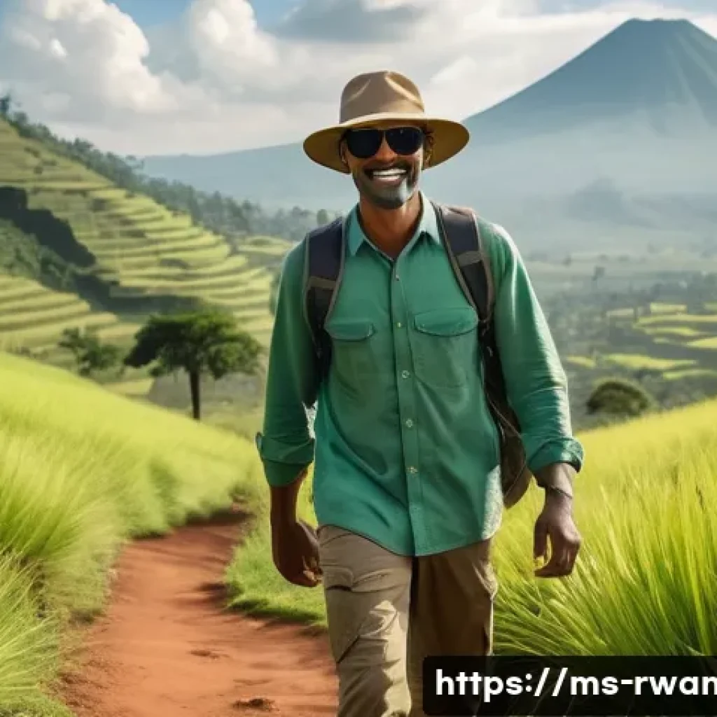 르완다 여행 필수 준비물 - A traveler dressed in light, breathable long-sleeve shirt and pants suitable for trekking in Rwanda’...