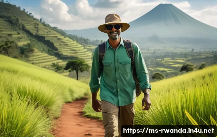 르완다 여행 필수 준비물 - A traveler dressed in light, breathable long-sleeve shirt and pants suitable for trekking in Rwanda’...