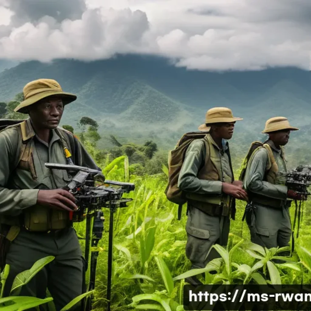 르완다의 국립 공원 관리 - A dynamic scene of anti-poaching park rangers in Rwanda patrolling a dense, lush forest using advanc...