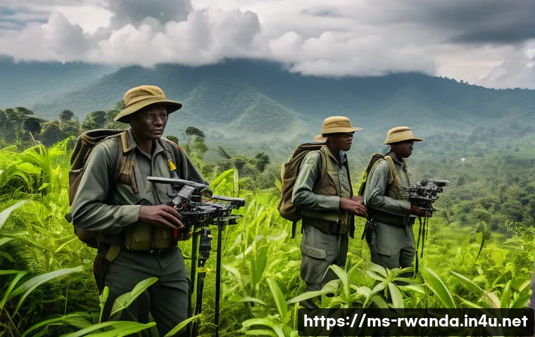 르완다의 국립 공원 관리 - A dynamic scene of anti-poaching park rangers in Rwanda patrolling a dense, lush forest using advanc...