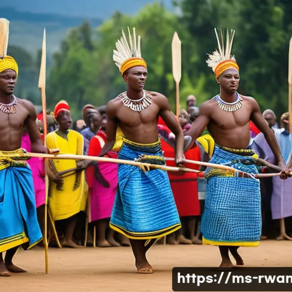 르완다의 주요 민속 축제 소개 - A vibrant traditional Intore dance performance in Rwanda, featuring male dancers dressed in colorful...
