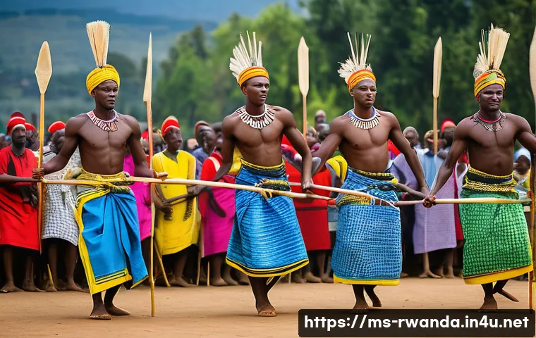 르완다의 주요 민속 축제 소개 - A vibrant traditional Intore dance performance in Rwanda, featuring male dancers dressed in colorful...