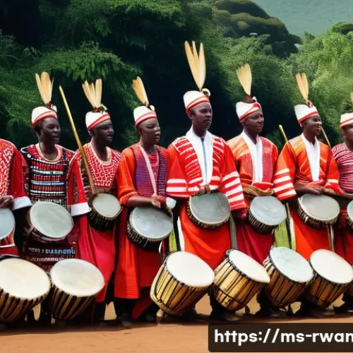 르완다의 대중 문화 - A vibrant scene of traditional Intore dancers performing outdoors during a cultural festival in Rwan...