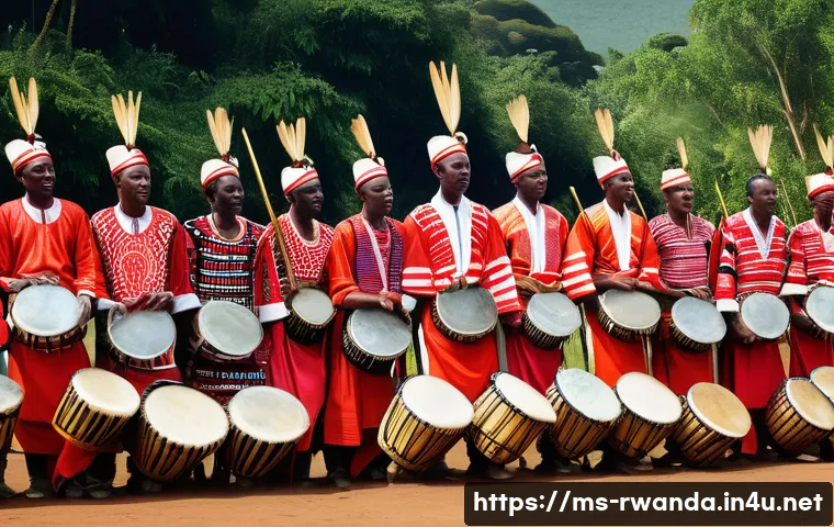 르완다의 대중 문화 - A vibrant scene of traditional Intore dancers performing outdoors during a cultural festival in Rwan...