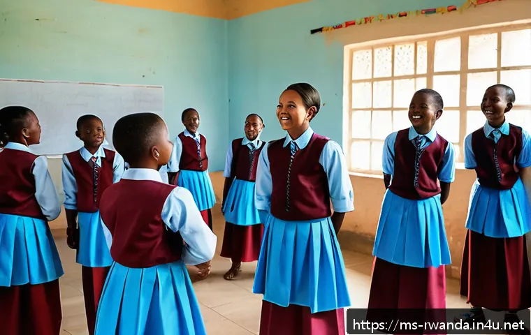 르완다의 주요 문화 정책 - A vibrant school classroom scene in Rwanda where enthusiastic teenage students, dressed in modest tr...
