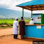 르완다에서의 의료 보험 - A vibrant healthcare clinic scene in rural Rwanda, showing a diverse group of adults and children we...