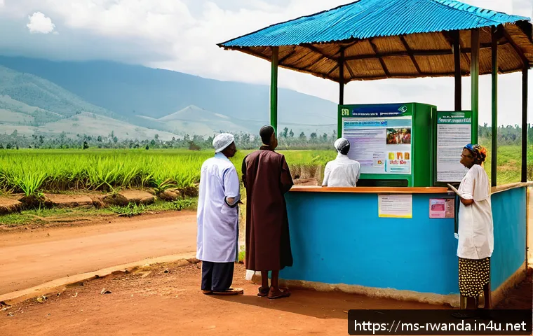 르완다에서의 의료 보험 - A vibrant healthcare clinic scene in rural Rwanda, showing a diverse group of adults and children we...