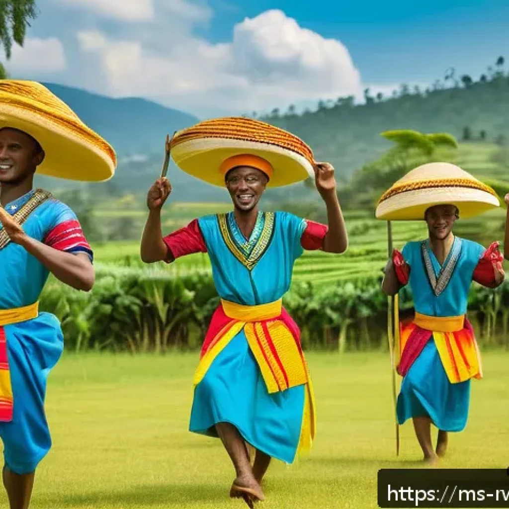 르완다 민속 춤의 문화적 중요성 - A vibrant traditional Rwandan Intore dance performance featuring young male dancers dressed in color...