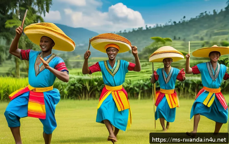 르완다 민속 춤의 문화적 중요성 - A vibrant traditional Rwandan Intore dance performance featuring young male dancers dressed in color...