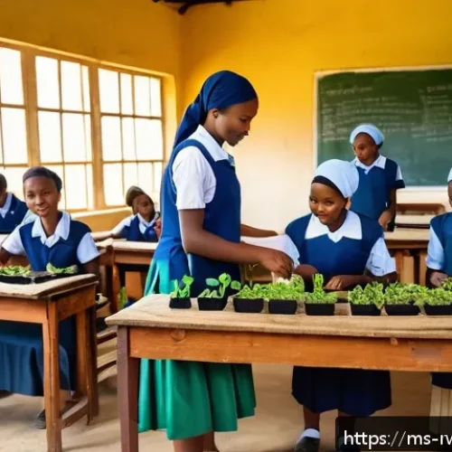 르완다의 주요 교육 프로그램 - A vibrant classroom scene in a rural Rwandan school, showing diverse students aged around 14-16 acti...