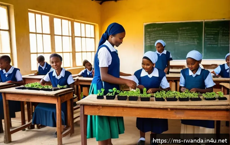 르완다의 주요 교육 프로그램 - A vibrant classroom scene in a rural Rwandan school, showing diverse students aged around 14-16 acti...