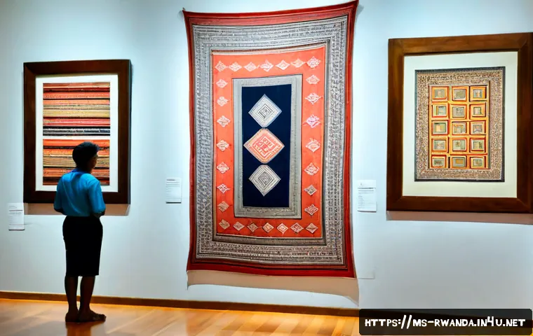 르완다의 전통 직물 전시회 - Photorealistic museum exhibition in Kuala Lumpur showcasing traditional Rwandan woven textiles, rich...