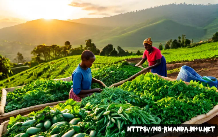 르완다에서의 유기농 생활 - Photorealistic morning scene on a small organic farm in Rwanda, a Rwandan family harvesting fresh le...