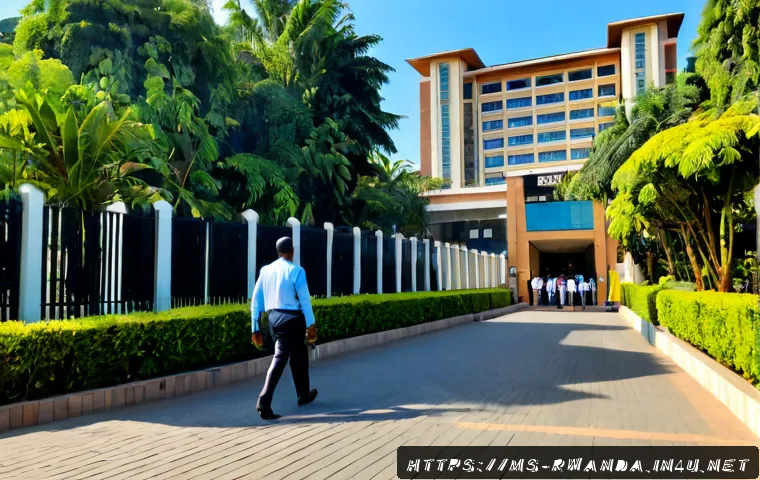 Home 17 르완다의 주요 대사관 - Photorealistic wide-angle view of a modern diplomatic district in Kigali, Rwanda, featuring several ...