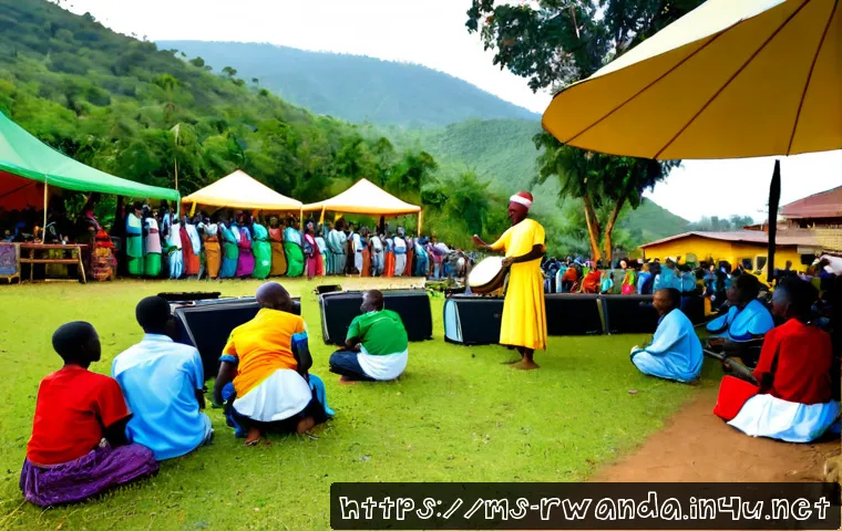 르완다 민속 음악 축제의 성공 요인 - Photorealistic wide-angle scene of a successful Rwandan folk music festival in a green hillside vill...