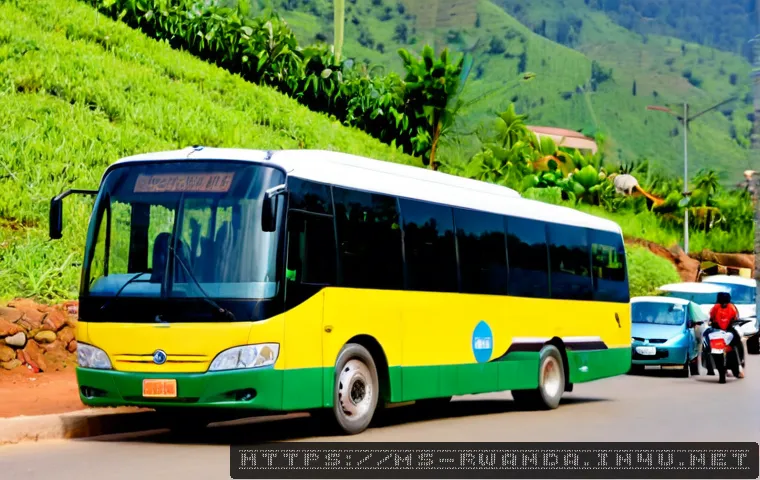 르완다의 대중 교통 안전성 - Photorealistic morning scene in Kigali, Rwanda, showing a modern city bus stopped safely at a marked...