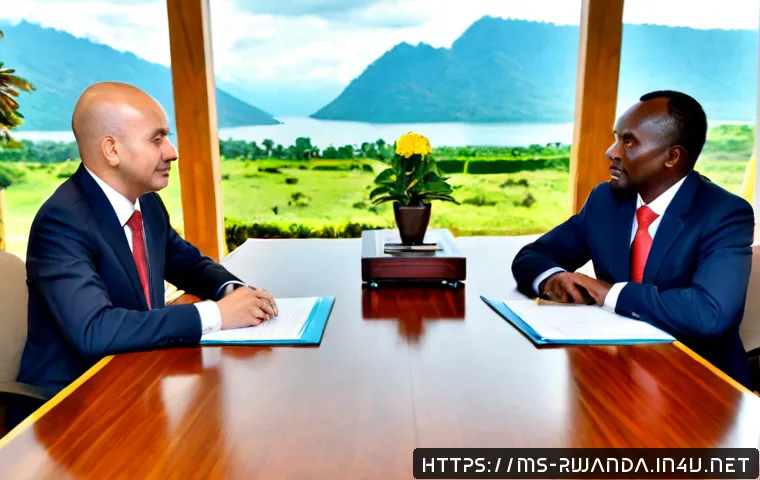 르완다와 브룬디의 관계 - Photorealistic diplomatic meeting between Rwandan and Burundian officials in a neutral East African ...