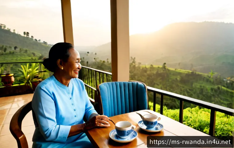 Home 17 르완다에서의 은퇴 생활 - Photorealistic retired Malaysian couple in their early sixties enjoying a peaceful morning on the ve...