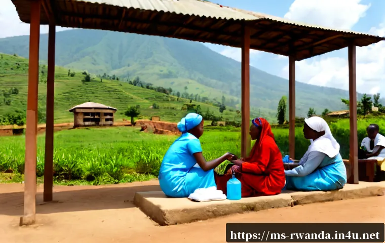 르완다의 주요 NGO 이슈 - Photorealistic documentary-style scene of a community health NGO outreach in rural Rwanda, a Rwandan...