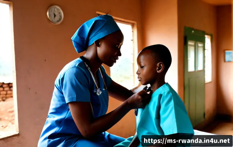 르완다 의료 체계 - Photorealistic rural Rwanda community health clinic, a Black Rwandan nurse in neat scrubs checking a...