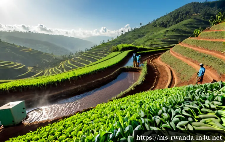 르완다의 식량 안보 프로그램 - Photorealistic wide-angle view of a Rwandan food security program demonstration farm, East African s...