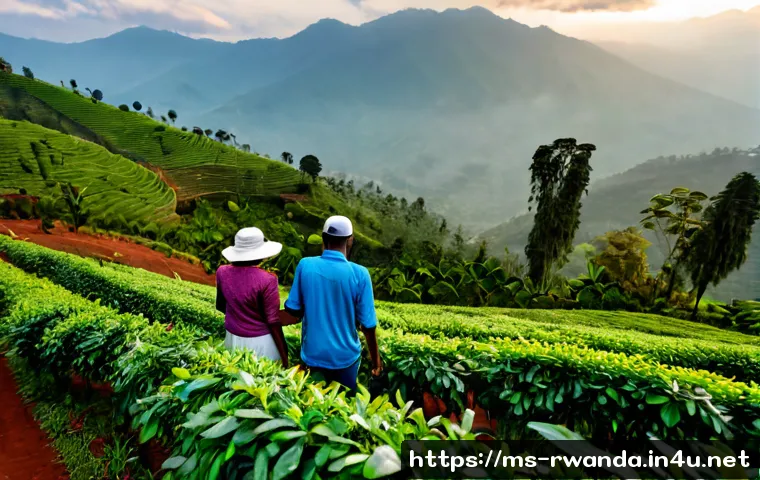 르완다 커피 생산지 투어 - Photorealistic Rwanda coffee production tour at sunrise, Malaysian travelers in modest casual clothi...