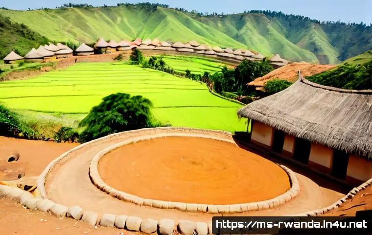 Home 30 르완다 전통 가옥 - Photorealistic wide-angle view of a traditional Rwandan rural homestead, round earthen houses with s...