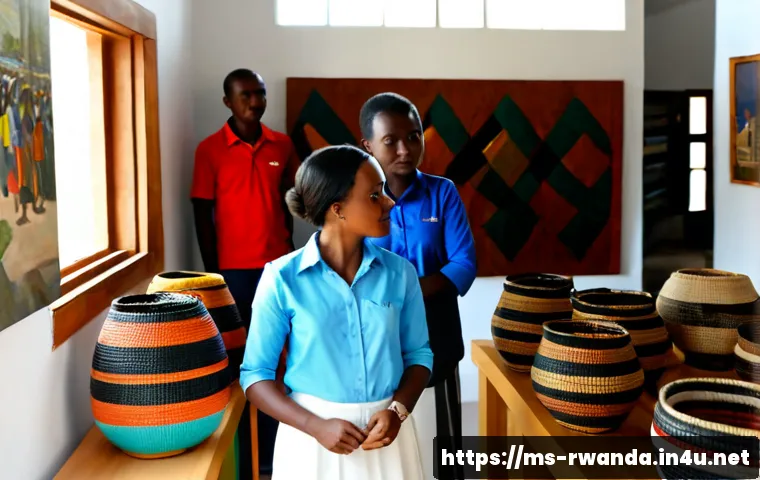 르완다에서의 지역 예술 전시 - Photorealistic interior of a community art exhibition in Kigali, Rwanda, featuring colorful contempo...